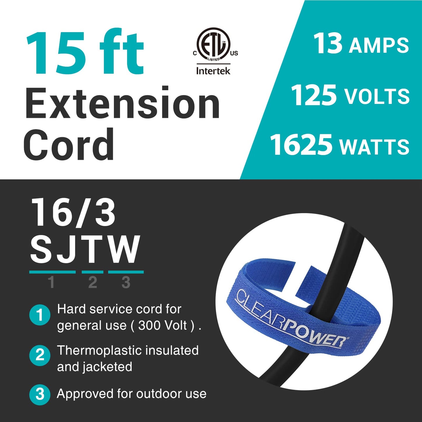 Power 15 ft Indoor/Outdoor Extension Cord