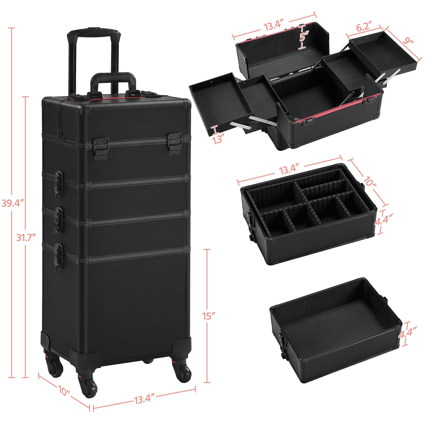 4 in 1 Professional Makeup Train Aluminum Case with 360° Swivel Wheels - Black