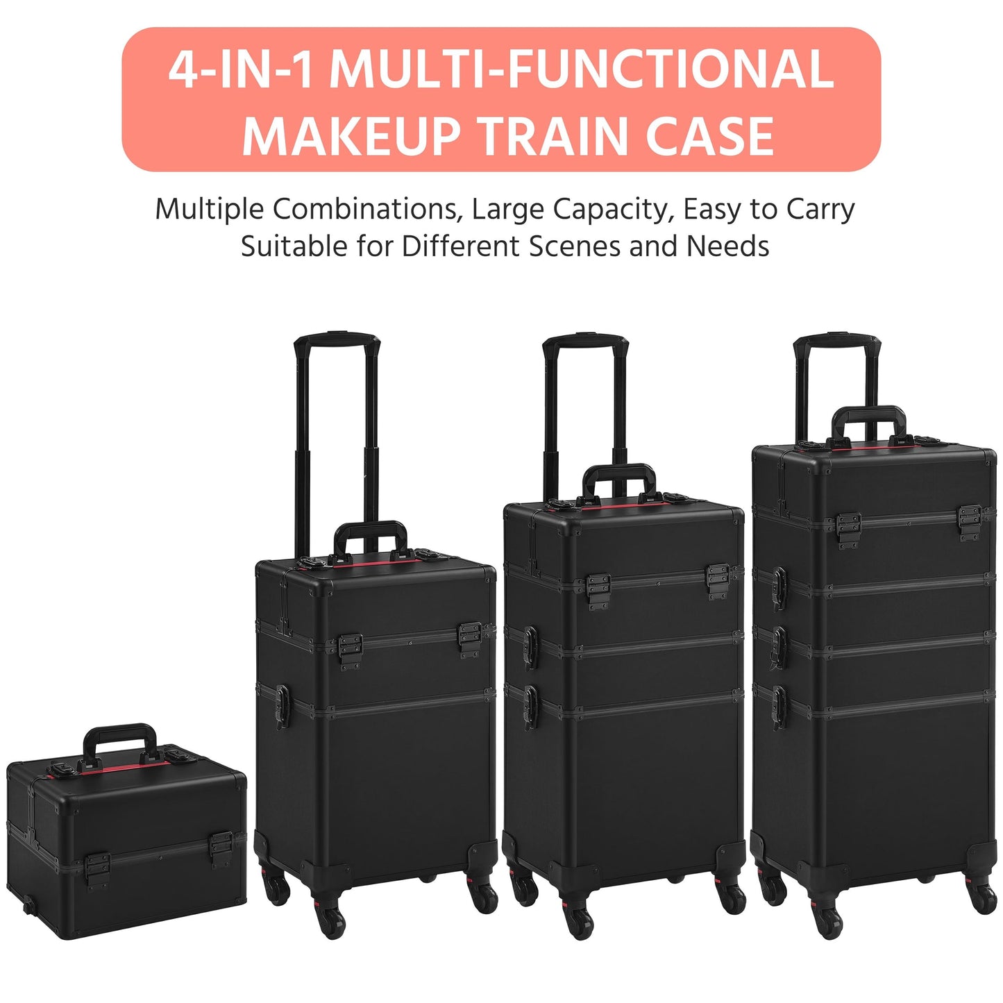 4 in 1 Professional Makeup Train Aluminum Case with 360° Swivel Wheels - Black