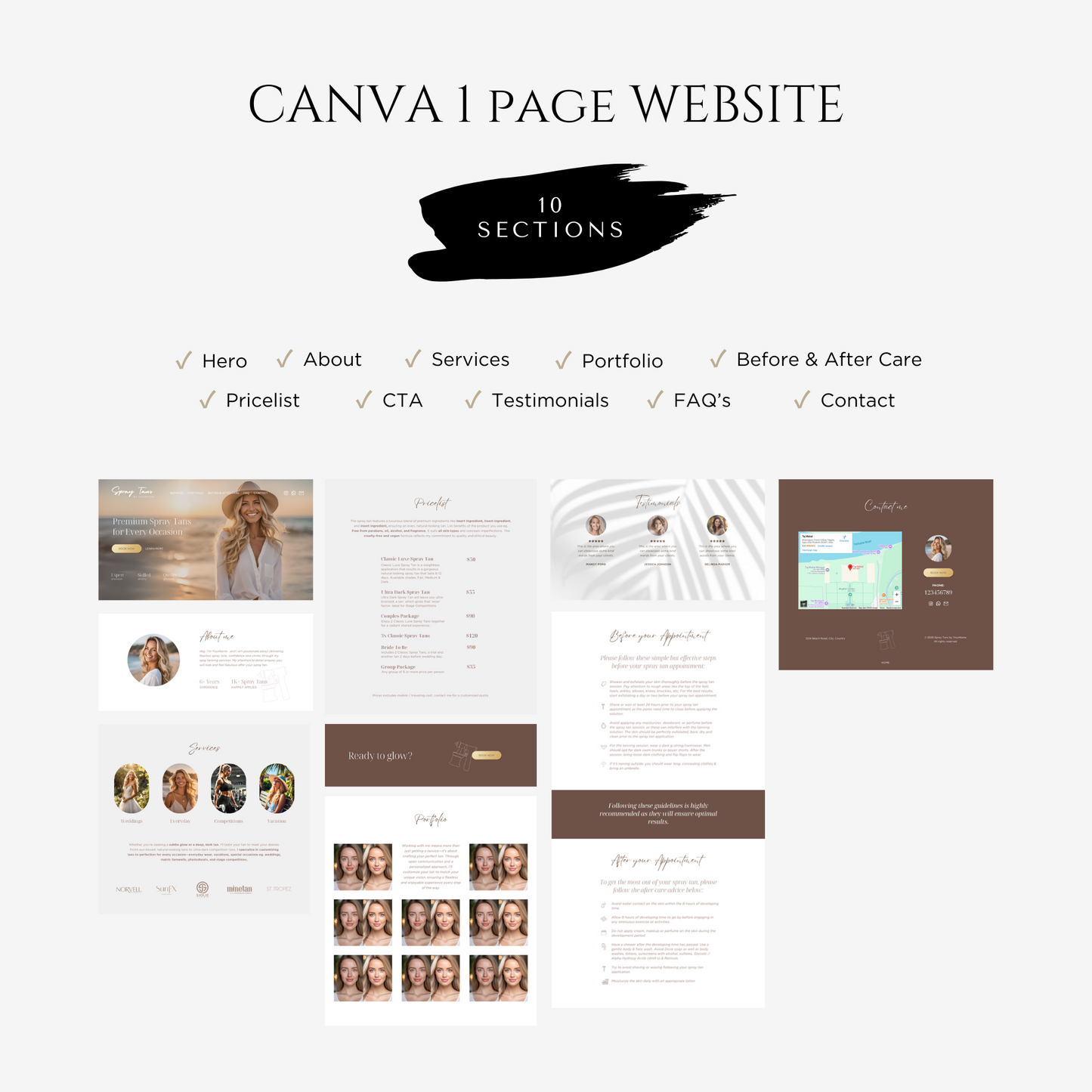 Spray Tan Business Editable Canva Website Template - Glam