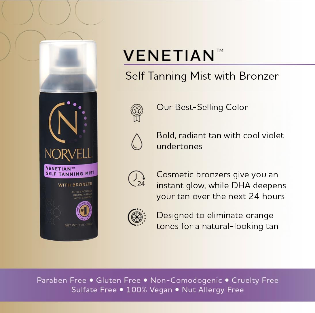 Norvell Venetian Sunless Self Tanning Mist - Airbrush Spray Solution with Bronzer for Instant Sun Kissed Glow, 7 fl.oz.