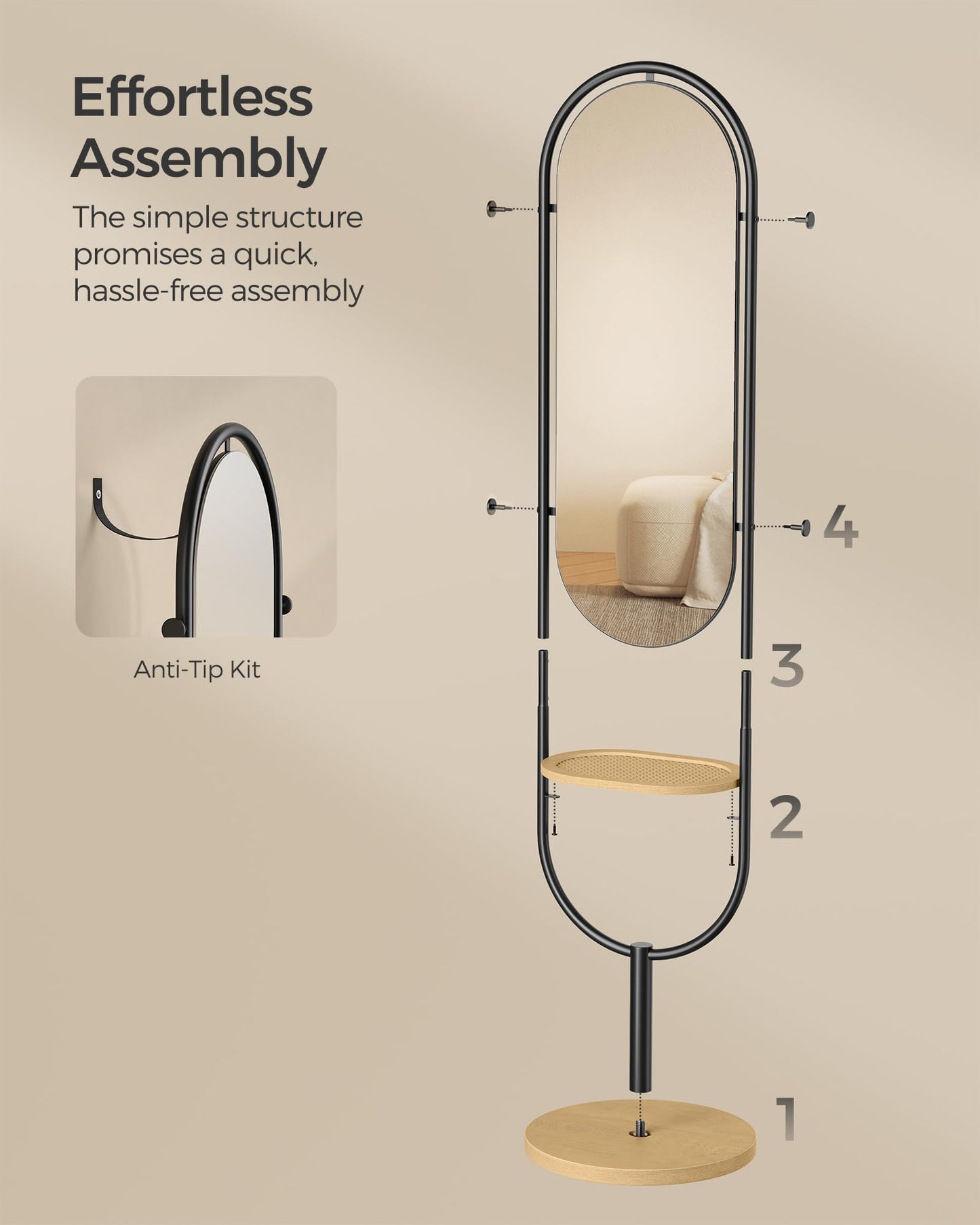 3-in-1  Full-Length Floor Mirror - Oak Beige and Ink Black