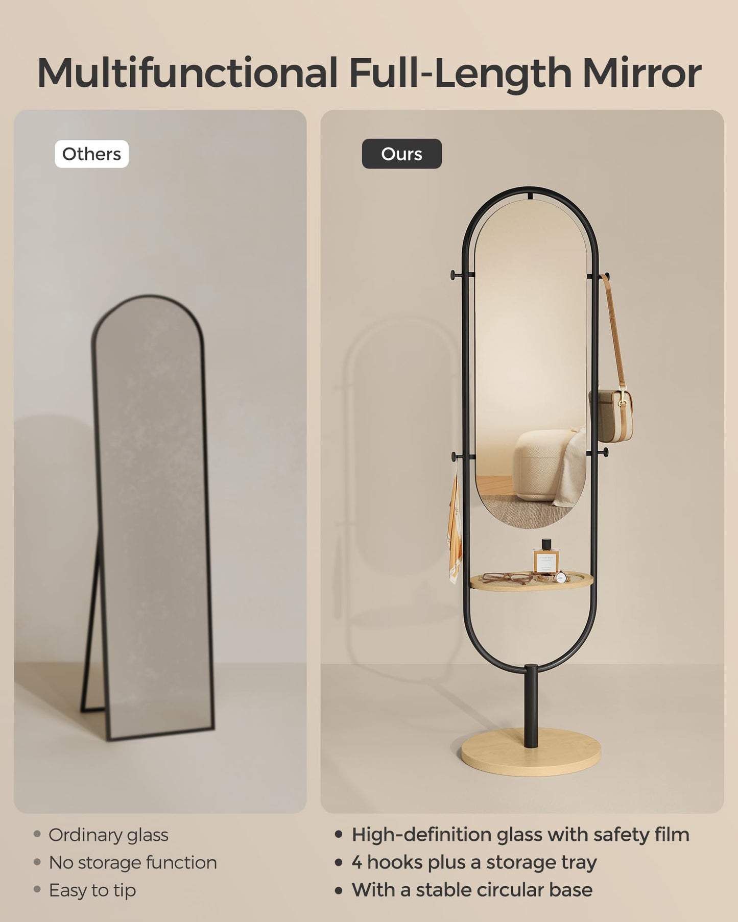 3-in-1  Full-Length Floor Mirror - Oak Beige and Ink Black
