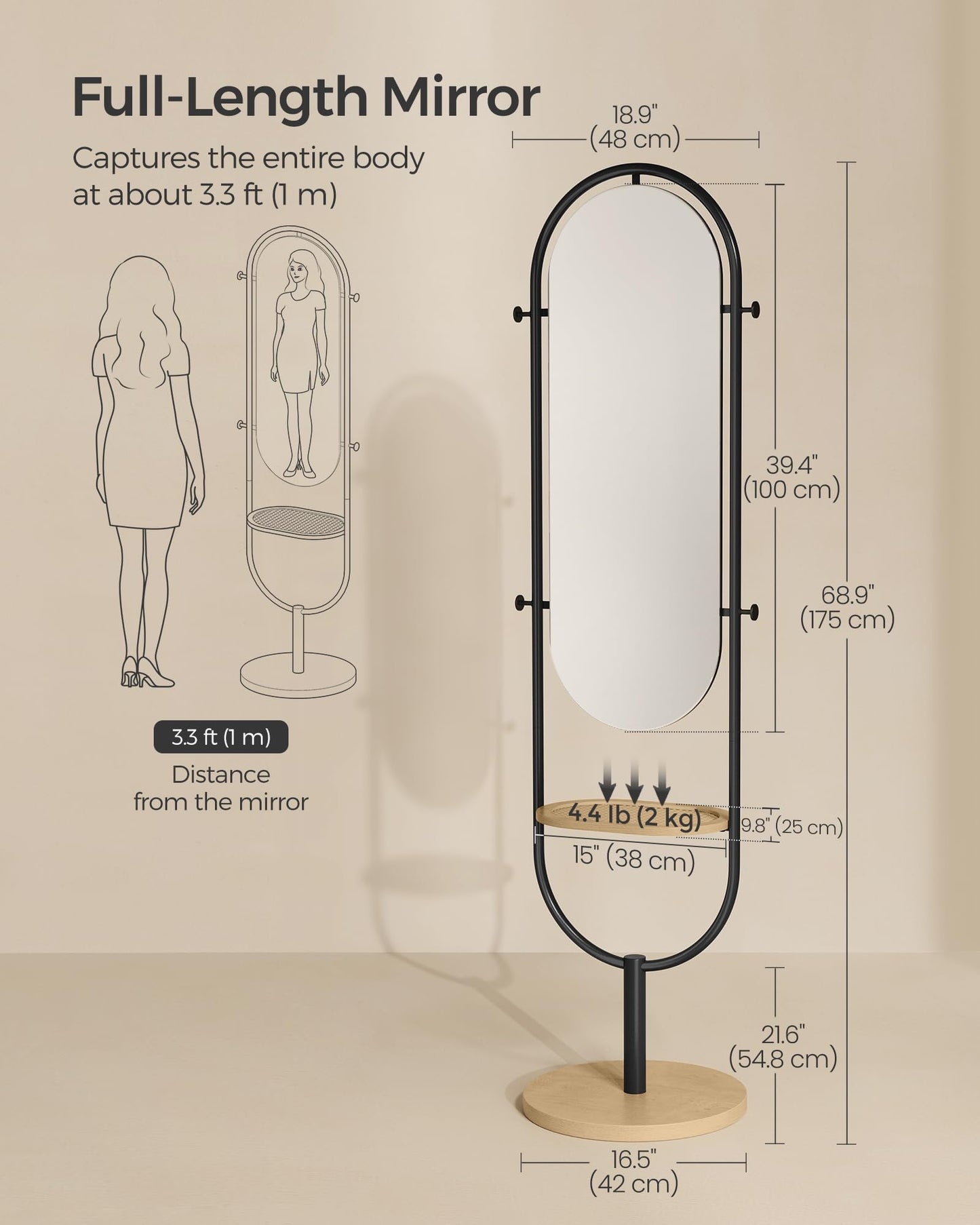 3-in-1  Full-Length Floor Mirror - Oak Beige and Ink Black