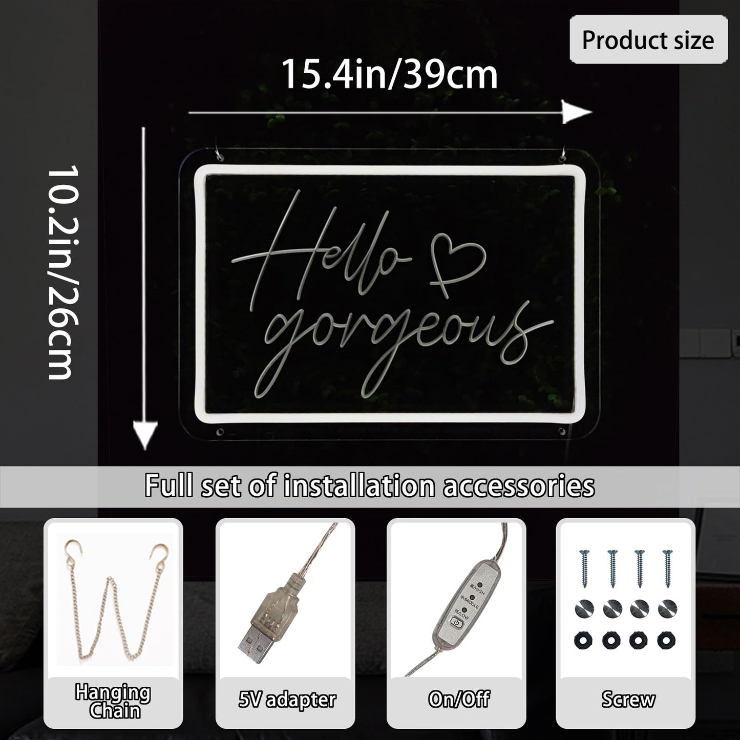 Hello Gorgeous Neon Signs for Wall Decor, 15.4 * 10.4 Inches Neon Led Sign Wedding Decorations, Dimmable Switch Lights Sign for Powder Room, Bedroom, Clothing Store, Beauty Room, INSNEnN