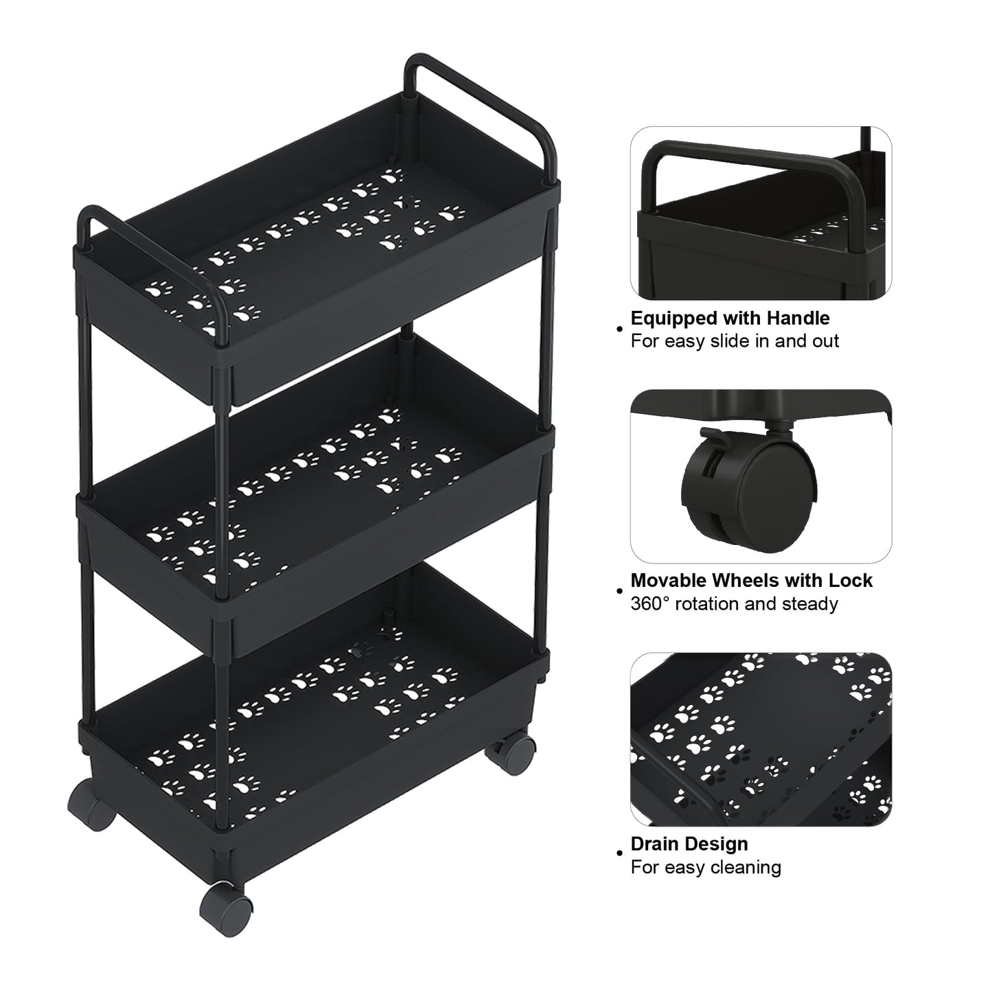 Rolling Storage Organiser Unit Cart 3 Tier  - Black