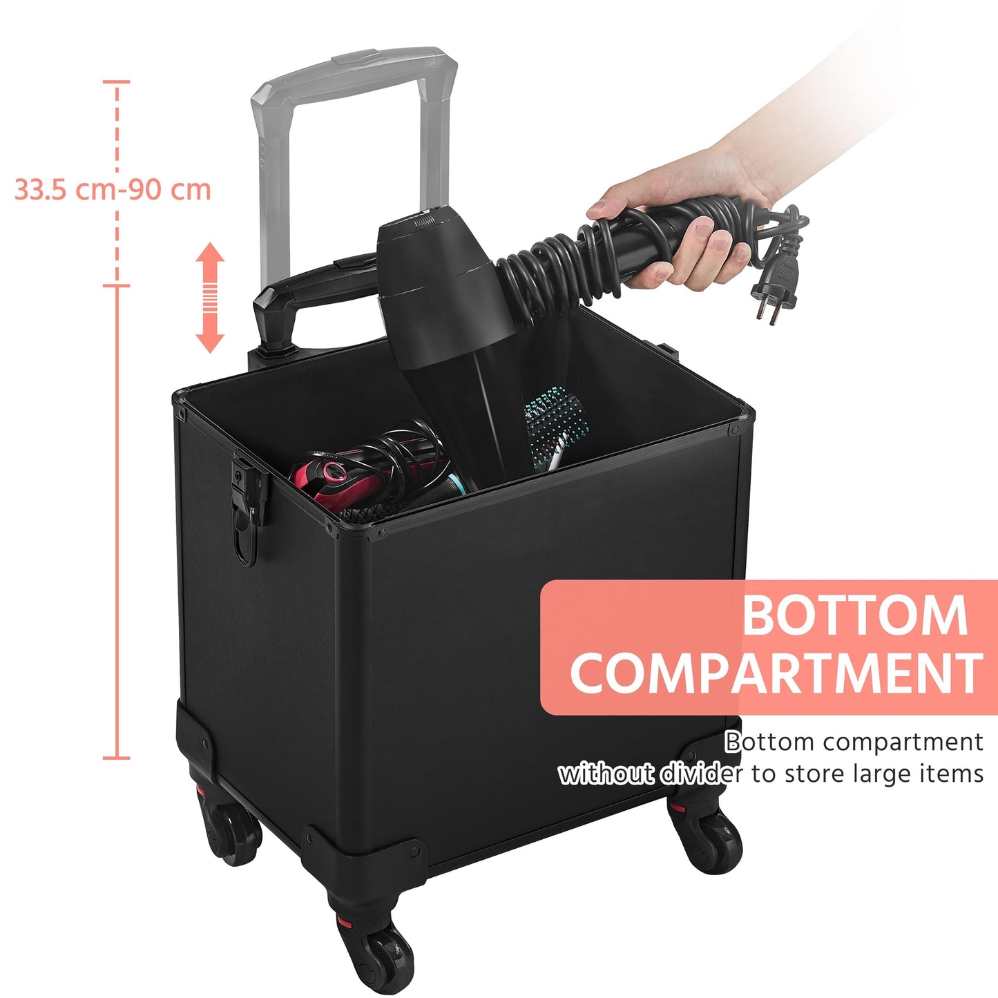 4 in 1 Professional Makeup Train Aluminum Case with 360° Swivel Wheels - Black