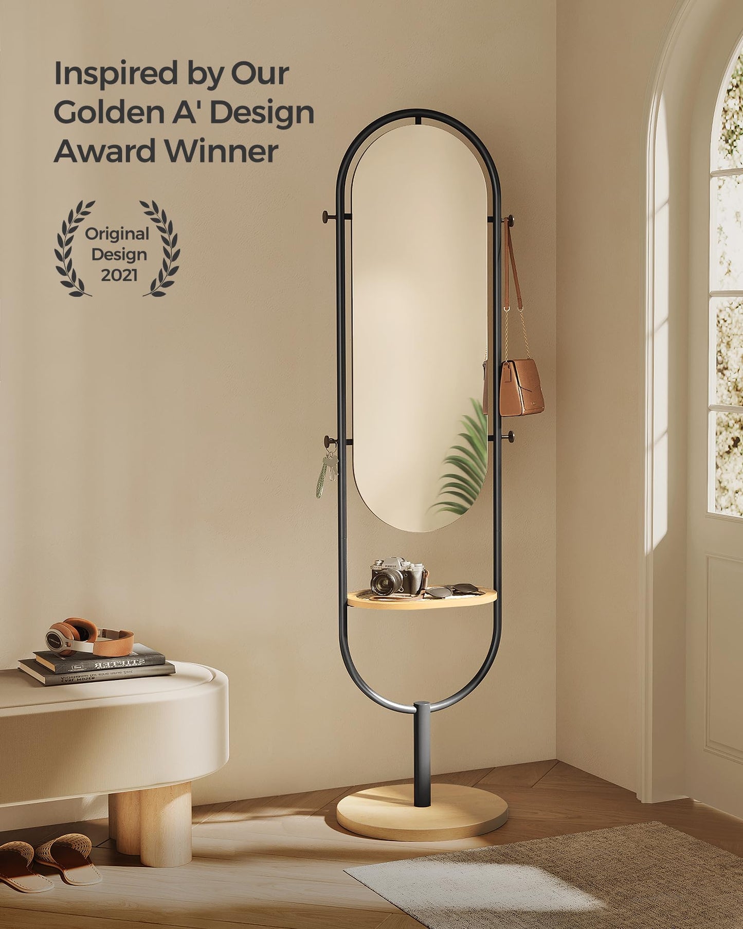 3-in-1  Full-Length Floor Mirror - Oak Beige and Ink Black