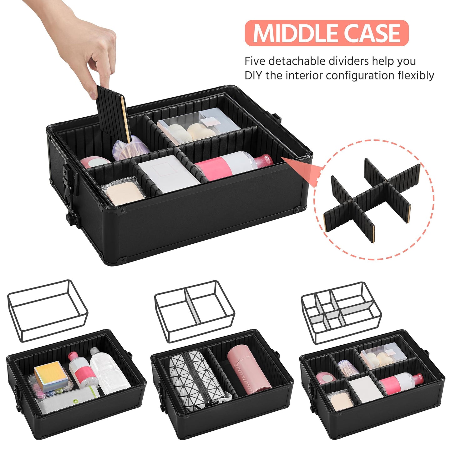 4 in 1 Professional Makeup Train Aluminum Case with 360° Swivel Wheels - Black