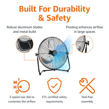 20" High-Velocity Heavy-Duty Industrial Floor Fan - Black