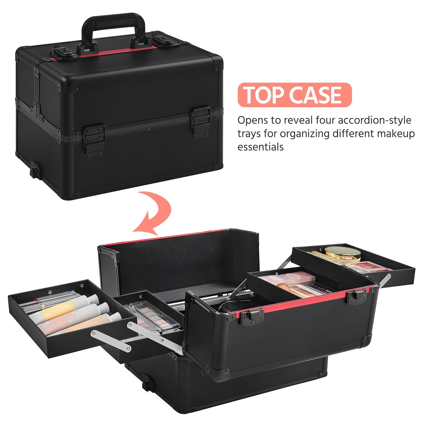 4 in 1 Professional Makeup Train Aluminum Case with 360° Swivel Wheels - Black