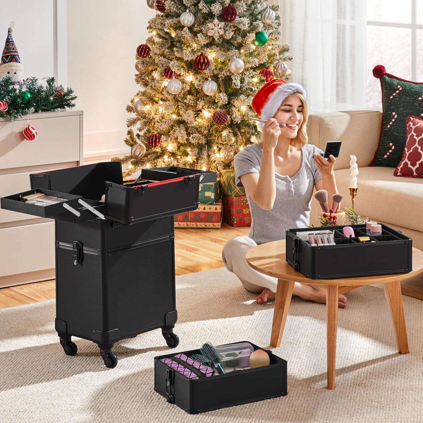 4 in 1 Professional Makeup Train Aluminum Case with 360° Swivel Wheels - Black