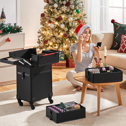 4 in 1 Professional Makeup Train Aluminum Case with 360° Swivel Wheels - Black