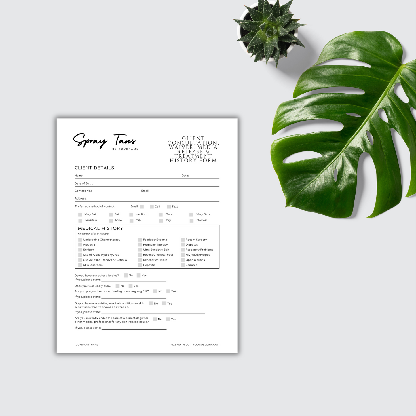 Client Consultation, Waiver, Media Release & Treatment History Form - Editable Canva Template