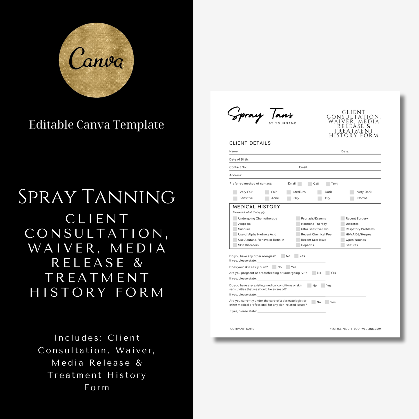 Client Consultation, Waiver, Media Release & Treatment History Form - Editable Canva Template